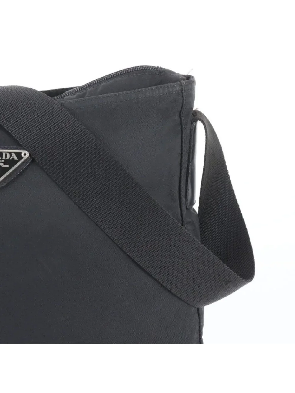 Prada Tessuto Nylon Triangle Logo Leather Shoulder Bag Crossbody Messenger Black